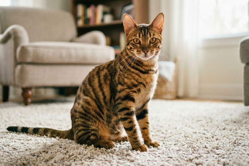 Toyger – tiger-like appearance, gentle temperament, breeding details, advantages and disadvantages of an exotic breed.