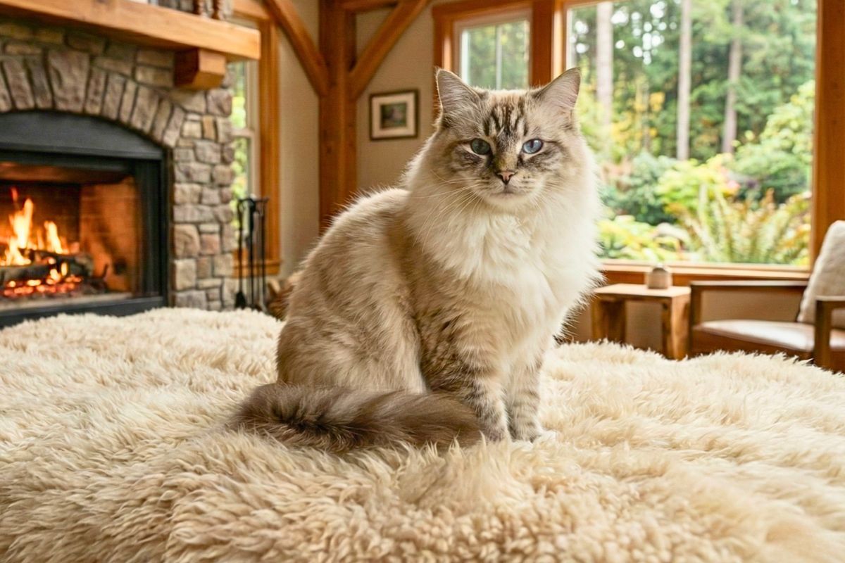 Kot Ragamuffin z puszystą sierścią w pełnej okazałości i spokojnym charakterze