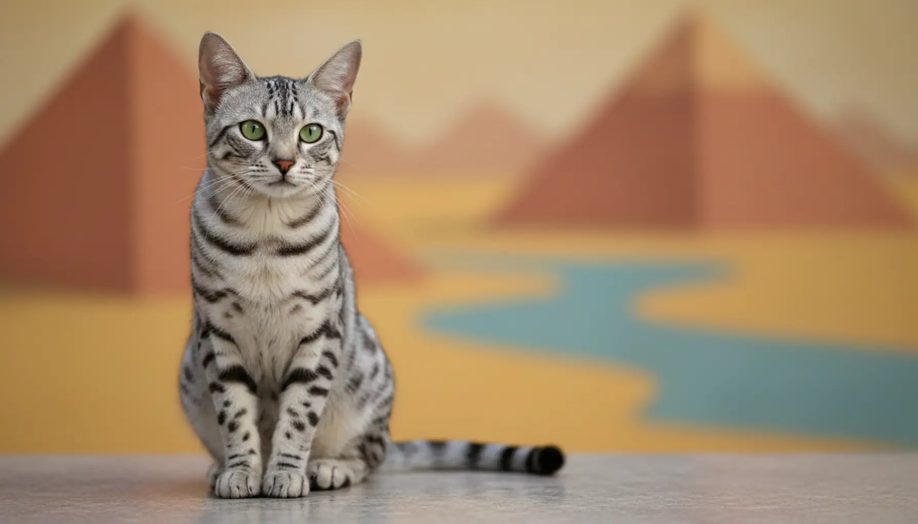 Egyptian Mau Cat with spotted coat and green eyes, cat breeds