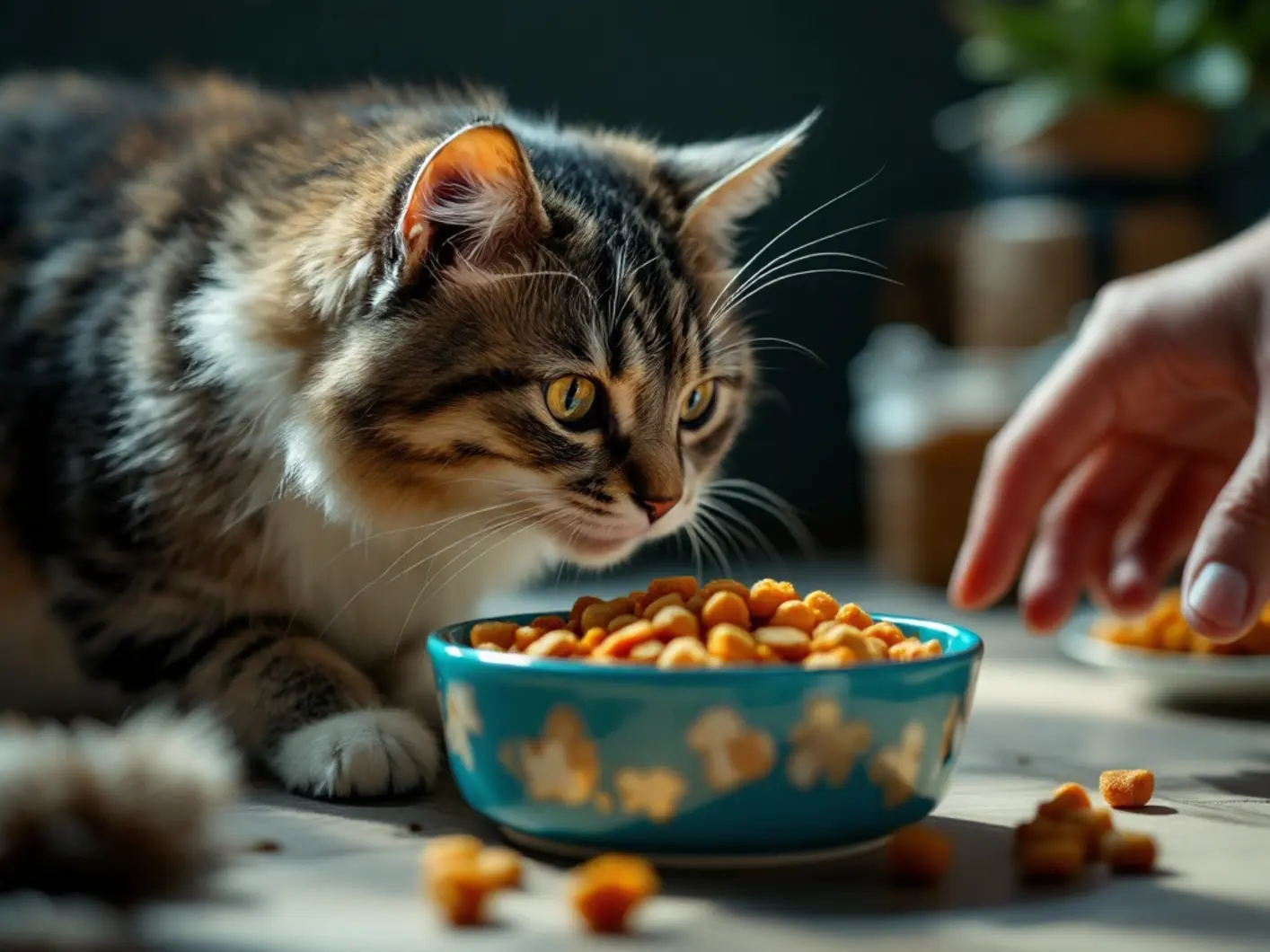 Cat eating wet renal food from a bowl – feeding for kidney disease